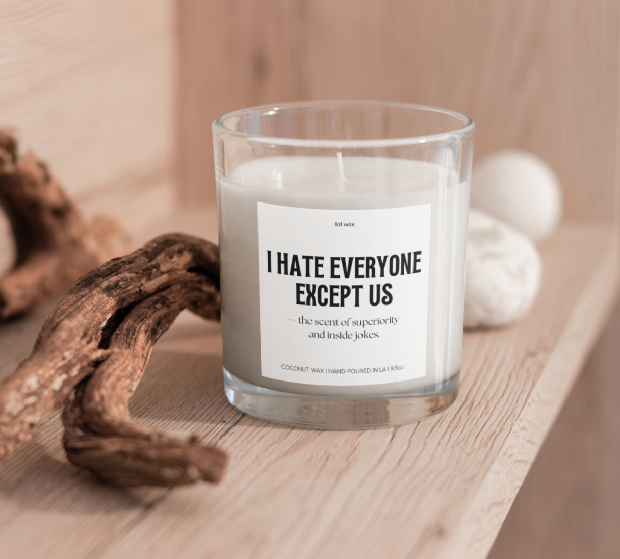 lol wax's 'I Hate Everyone Except Us' candle on a wooden shelf, adding a humorous touch to modern home decor.