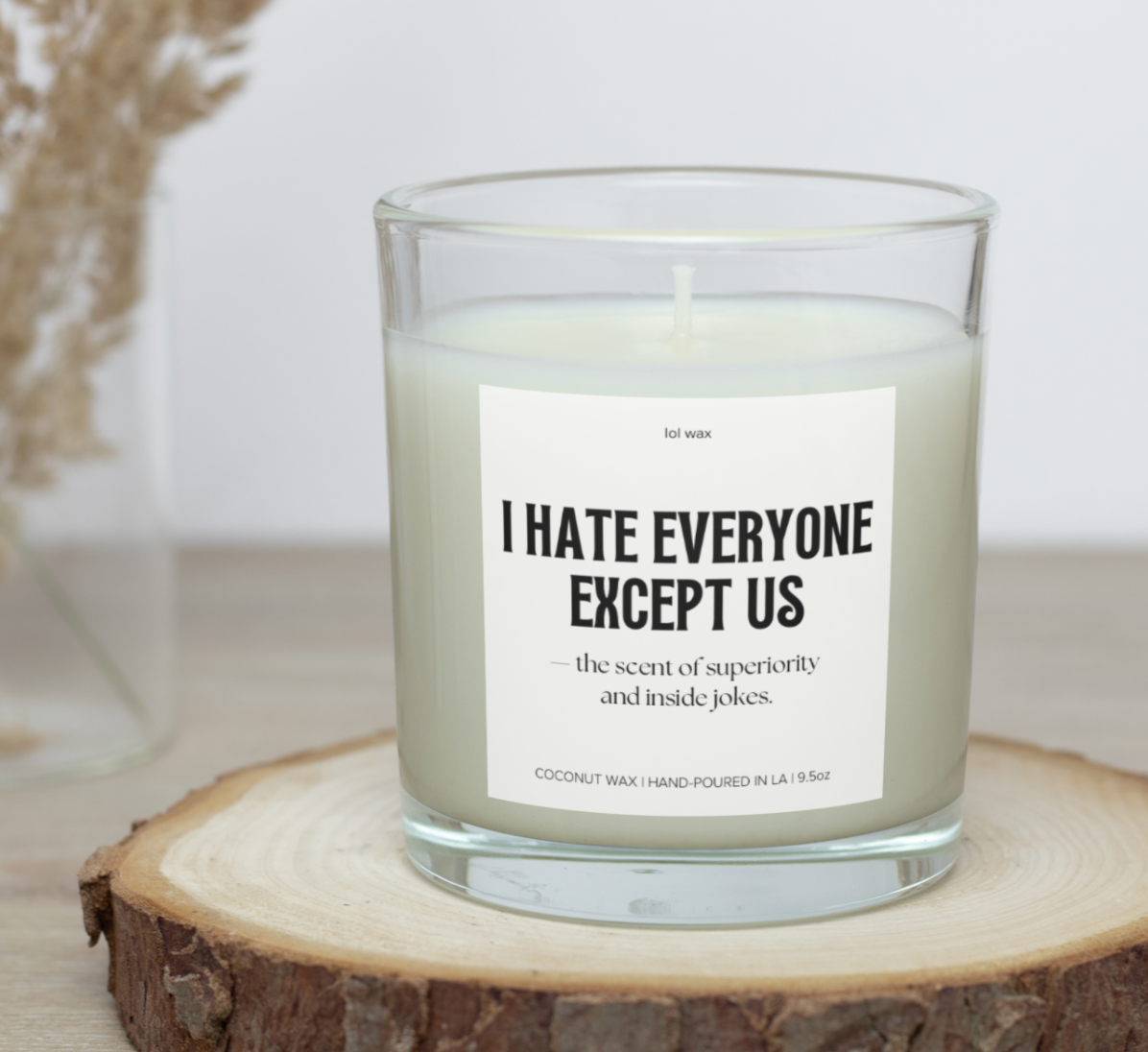 I Hate Everyone Except Us' candle by lol wax on a wooden surface with a natural, rustic setting.